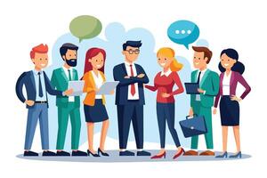 A group of business professionals are having a lively discussion. The illustration portrays a diverse workplace with people of different genders, races, and backgrounds. vector