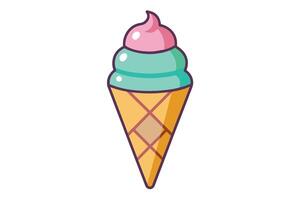 A cartoon illustration of a single-scooped ice cream cone. The ice cream is pink and green and has a waffle cone. vector