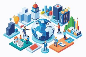 An illustration depicting global business collaboration and growth, featuring diverse people standing around a globe surrounded by buildings, charts, and other business-related symbols. vector