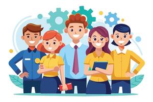 A cartoon illustration of a diverse team of five professionals standing together in front of colorful gears. They all look happy and confident, representing teamwork and collaboration. vector