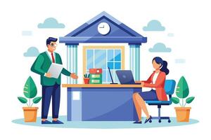 A man in a suit approaches a woman sitting at a reception desk in an office building. vector