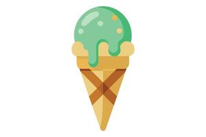 A green ice cream cone with a waffle cone and dripping ice cream. The ice cream has a few brown sprinkles. vector