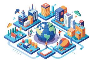 An illustration showing a 3D network of buildings connected by a globe in the center, with people interacting around it. vector