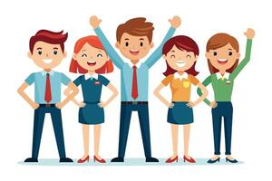 A cartoon illustration of a diverse group of five smiling businesspeople standing together. They are all wearing formal attire and appear to be in a positive and successful mood. vector