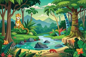 A tiger sits in a lush rainforest, watching over a winding stream flowing through the green foliage. vector