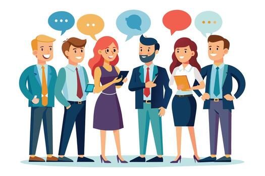 A group of diverse business professionals are gathered together for a casual meeting, discussing project ideas and strategies while standing in a relaxed posture. vector