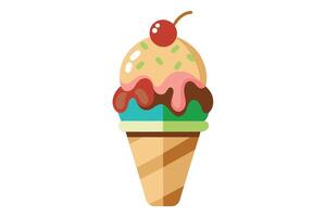 An illustration of a multi-colored ice cream cone with a cherry topping. vector