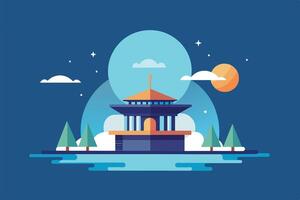 A stylized illustration of a traditional Pagoda building by the lake, set against a backdrop of a starry night sky with clouds and a crescent moon. vector