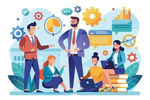 A group of business professionals work together on a project, analyzing data, discussing strategies, and collaborating to achieve success. vector