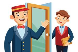 A friendly hotel doorman in uniform welcomes a guest by opening the door and gesturing with an open hand. vector