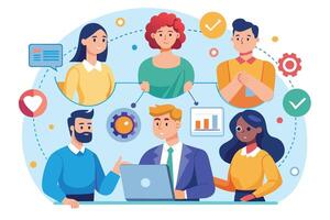 An illustration showing a diverse team collaborating on a project, using a laptop and other technology. vector