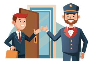 A cartoon illustration of a businessman in a suit, holding a briefcase and smiling, greeting a doorman at the entrance of a building. The doorman is wearing a uniform, a cap, and a bow tie. vector