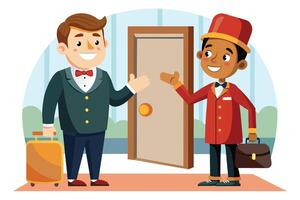 A friendly hotel concierge in a red uniform welcomes a guest with a suitcase to their room. The guest is smiling and holding a suitcase. vector