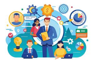 An illustration depicting a team of business professionals collaborating on a project, surrounded by charts, graphs, and gears, symbolizing efficiency and success. vector