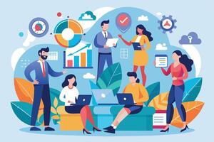 A group of diverse business professionals work together on a project, using laptops and tablets. They are surrounded by charts and graphs, signifying their focus on data and analytics. vector