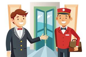 A man in a suit smiles and gestures towards an open door as a smiling hotel doorman holds a briefcase. vector
