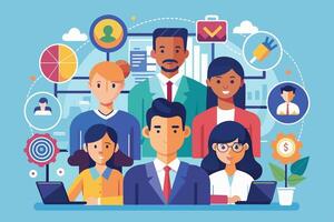 An illustration depicting a diverse group of professionals collaborating on various business projects, symbolized by icons representing data, teamwork, success, and finances. vector