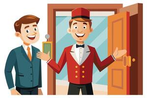 A cartoon illustration depicting a friendly hotel doorman in a red uniform, welcoming a guest with an open door. vector