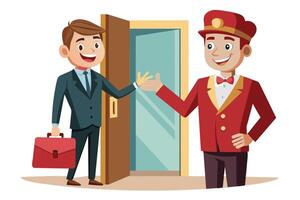 A smiling businessman in a suit and tie is holding a briefcase while greeting a hotel doorman wearing a red uniform and a bow tie. vector