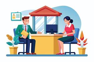 A man with a folder is sitting at a bank counter talking to a teller who is seated behind a computer. vector