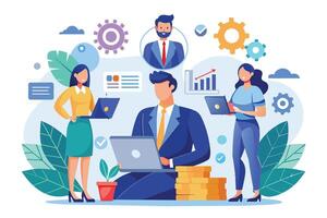 A businessman is working on his laptop, surrounded by his team and a growing graph, indicating business success. vector