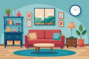 An illustration of a modern living room featuring a red sofa, a coffee table, a rug, a bookshelf, and a view of a green landscape outside the window. vector