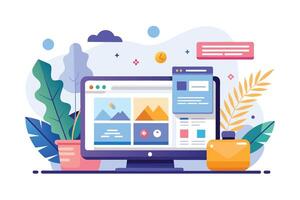 A computer desktop with an open website with images, text, and a player, surrounded by stylized plants in a modern, flat design style. vector