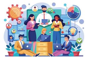 An illustration depicting a diverse team of professionals working together on a project, utilizing technology, data analysis, and collaboration tools. vector