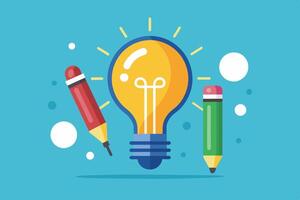 A yellow lightbulb with radiating rays shines brightly against a blue background. A red pencil and a green pencil flank the lightbulb. vector