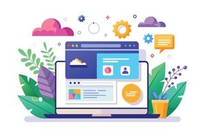 An illustration of an open laptop with a web browser window displaying a website with different sections and design elements. Surrounding the laptop are colorful clouds, gears, and foliage. vector