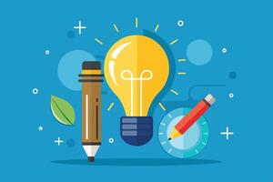 This image features a light bulb with a glowing yellow filament, a brown pencil, a red pencil, and various abstract shapes on a light blue background. vector
