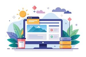 A colorful, flat design illustration of a desktop computer displaying a website with a blue mountain range image. There are clouds, a sun, and green plants in the background. vector