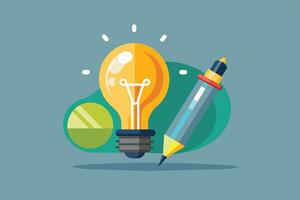 Illustration of a yellow light bulb and a pencil on a blue background. The light bulb represents a new idea and the pencil represents writing it down. vector