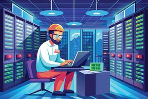 A cartoon illustration of an IT technician working on a laptop computer in a server room at night. He is wearing a hard hat and glasses. The server racks are visible in the background. vector
