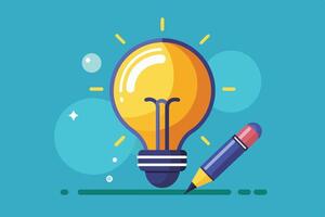 A simple illustration of a bright yellow lightbulb with a pencil underneath it. The lightbulb is emitting light rays and is surrounded by blue and white circles. vector