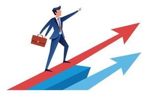 A cartoon image depicting a businessman in a suit and tie walking up a red arrow, carrying a briefcase and pointing forward. vector
