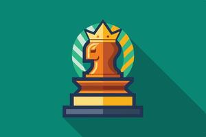 A flat design illustration of a gold chess king trophy with a crown on top, sitting on a three-tier base, against a green background. vector
