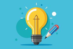An illustration of a yellow light bulb with a blue pencil on a blue background. The light bulb is glowing brightly and there are white dots and lines surrounding it. vector