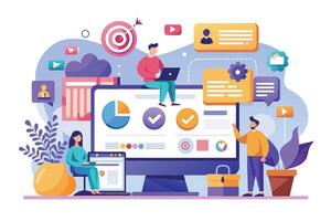 An illustration of a team of professionals working on a computer with data and analytics. vector