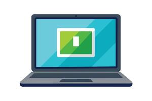 Illustration of a laptop computer screen displaying a large, green pause button icon. The icon is surrounded by a white square, with a blue background and white screen border. vector