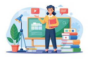 Illustrated teacher in front of green chalkboard in online classroom setting holding red book and gesturing towards play icon for online learning. vector