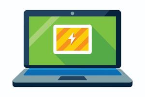 A cartoon-style illustration of a laptop with a green screen displaying a yellow battery icon with a lightning bolt inside. vector