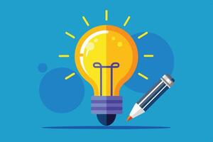An illustration depicting a glowing light bulb with a pencil resting on a blue background. The image represents an idea and inspiration for creativity. vector