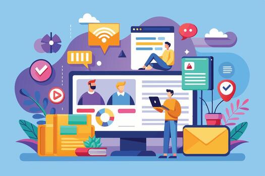 Illustration of a user attending an online meeting on a computer in a digital workplace with communication, collaboration, and information elements. vector