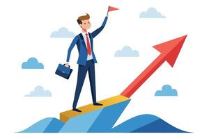 A businessman standing on an upward arrow, holding a flag and a briefcase symbolizes growth, success, ambition, and determination. vector
