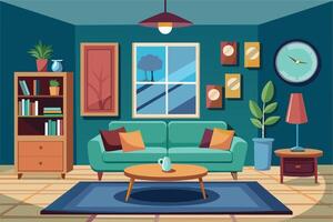 A cartoon illustration of a modern living room with teal walls, a green sofa, a coffee table, a bookcase, a plant, and a window with a view of trees outside. vector