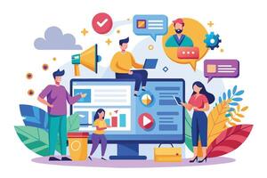 An illustration depicting a team of four people working together on a digital marketing project, with a large computer screen displaying data and graphs. vector