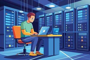 An illustration of a man sitting at a desk in a server room working on his laptop. He is surrounded by rows of servers. vector