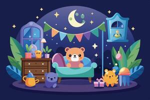 A cozy bedroom scene with a teddy bear sitting on a couch, surrounded by plants, a dresser, and other toys. The room is decorated with string lights and stars, making it feel magical. vector