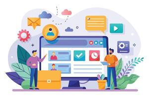 Two men working on a website design. One points at the screen, the other holds a tablet. Screen shows icons like a clock, checkmark, play button. vector